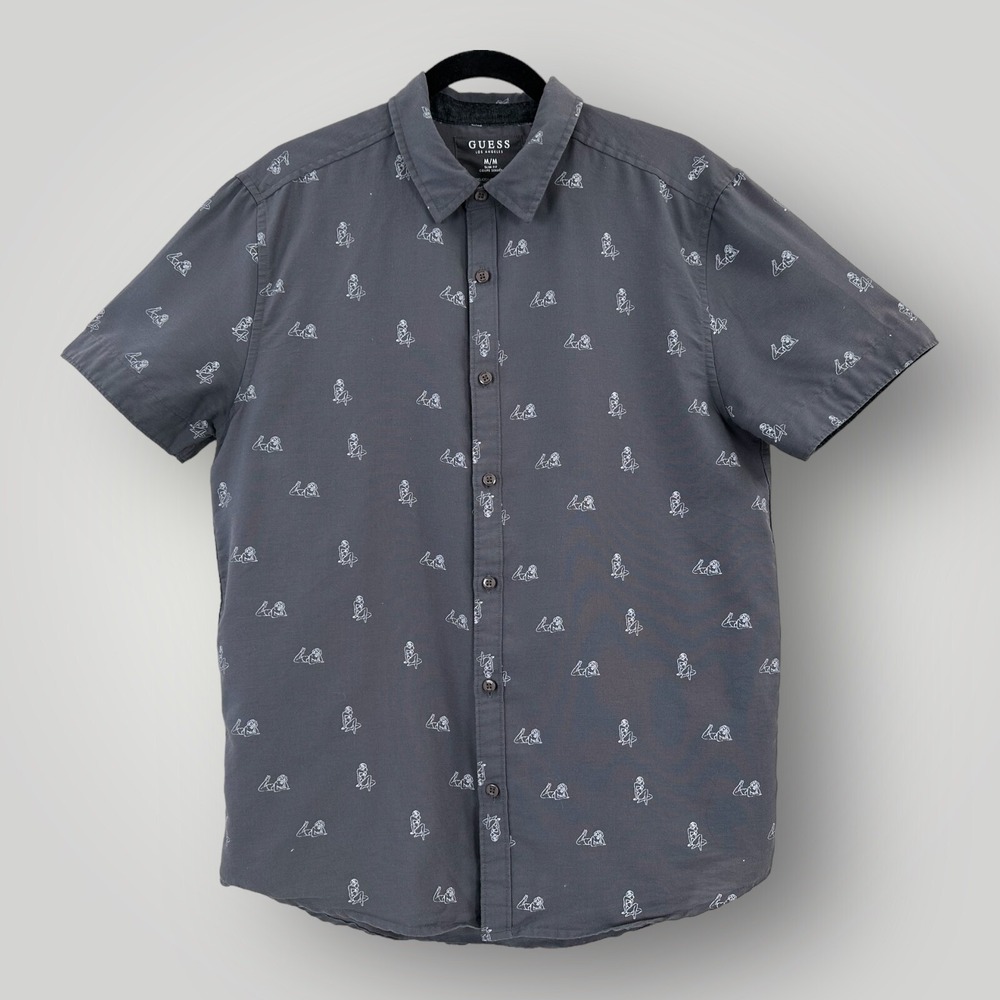 GUESS Graphic Button Up Shirt Mens M Gray Y2K Streetwear Casual Short Sleeve
